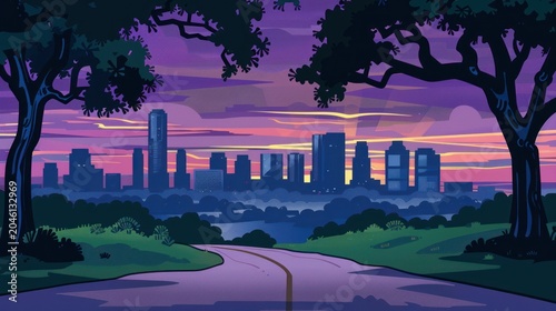 Serene City Skyline View at Sunset with Green Park and Pathway