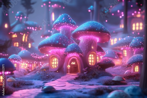 magical mushroom village in forest with glowing details