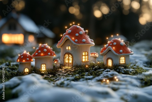 enchanted 3d mushroom village with luminous glowing houses