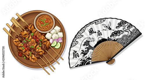 Schilderij op canvas Indonesian chicken satay platter and traditional painted hand fan