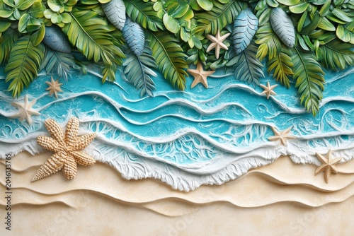 stylized 3d tropical beach scene with palm trees and rolling waves cinematic light
