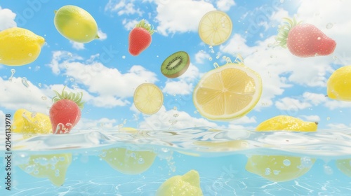 Colorful Fruits Falling Into Water with Splash Bright Blue Sky and Clouds in Background