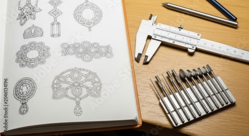 Jewelry design, sketchbook, tools, silver accessories, engraving