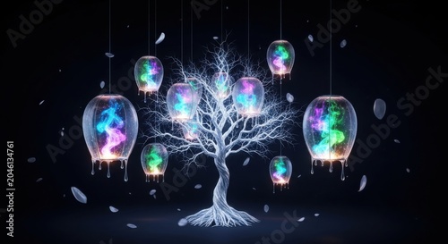 Glowing tree, neon lights, colorful orbs, futuristic illustration, dreamy landscape