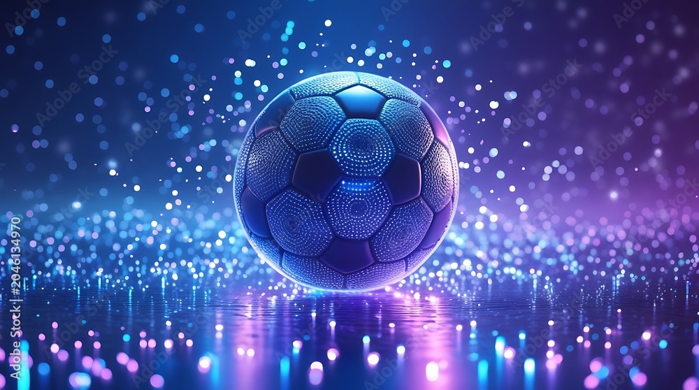 Fototapeta premium Soccer ball with a blue hexagonal pattern on a magical sparkling blue surface.