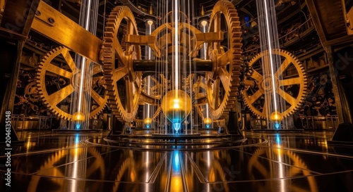 Industrial gears, mechanical clockwork, golden machinery, futuristic technology