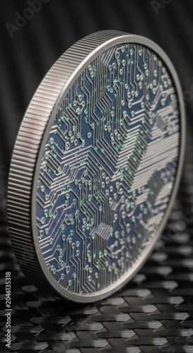 Circuit board coin, silver technology token, electronic microchip disc, digital currency symbol