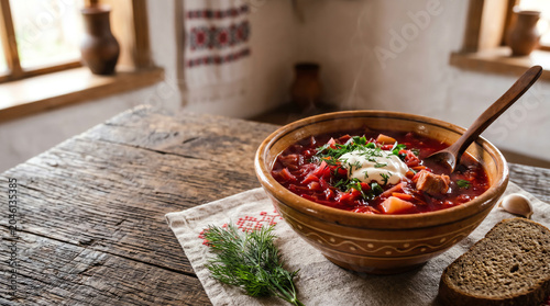traditional ukrainian borscht still life featuring hot beet soup with sour cream and rye bread on rustic wooden table inside authentic village house interior