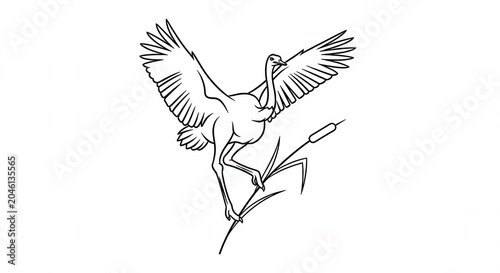 Bird, flying heron, black line art, wildlife illustration