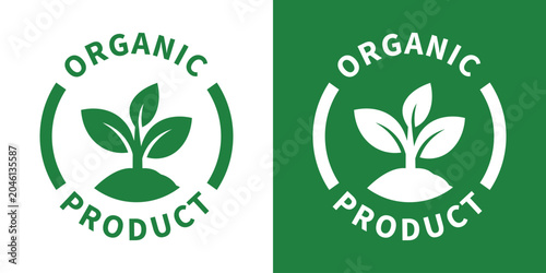 Bild auf Leinwand Organic product circular emblem showcasing a seedling plant growing from the soil