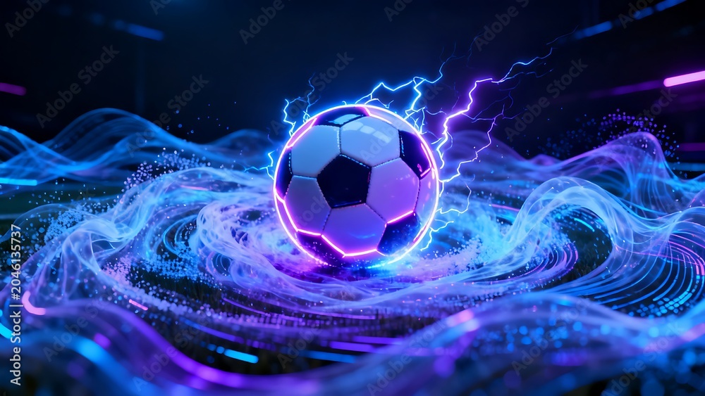 Fototapeta premium Soccer ball surrounded by electric blue energy and swirling purple light on dark background.