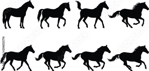 Tableau sur toile Black Silhouette Horse Vector Set with Standing Walking Trotting and Galloping P