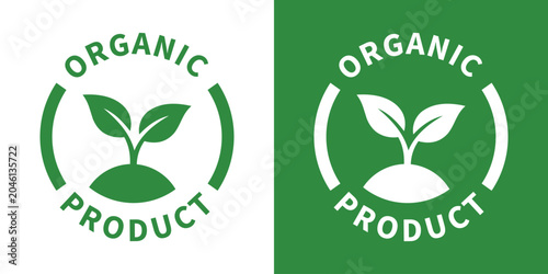 Photos Organic product circular emblem showcasing a seedling plant growing from the soil