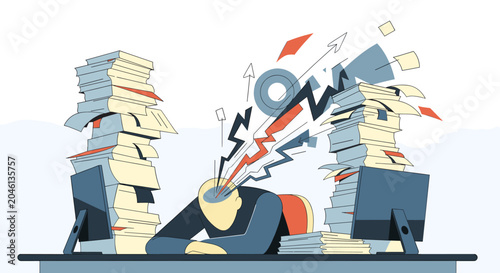 Fotografi Person overwhelmed by work, surrounded by towering stacks of paper and exploding with stress and information overload at a desk