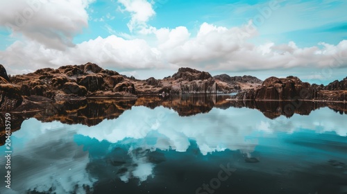 Scenic Mountain Lake Reflection with Rocky Hills and Bright Blue Sky