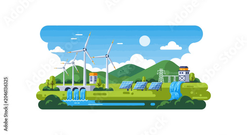 Flat vector illustration of a renewable energy power plant landscape featuring wind turbines, solar panels, and a hydroelectric dam integrated with mountains and power lines.