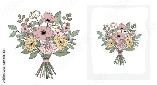 Foto A beautiful bouquet of pink, yellow, and white flowers with green leaves, tied with a pink ribbon