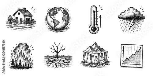 Climate change sketch icon collection in black. Set of flood house, earth globe, rising thermometer, thunderstorm cloud, forest fire, drought tree, melting glacier and growth chart icons