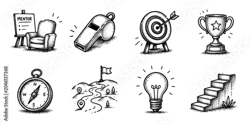 Coaching sketch icon collection in black. Set of mentor chair, whistle, target board, trophy, compass, success path, light bulb and staircase icons in doodle style
