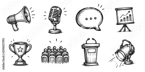 Public speaking sketch icon collection in black. Set of megaphone, microphone, speech bubble, presentation chart, trophy, audience, podium and spotlight icons in doodle style