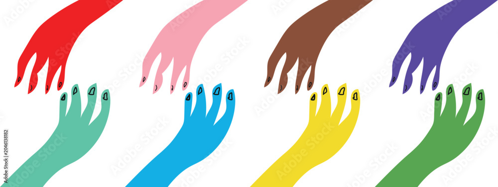Fototapeta premium A set of stylized colorful hand outlines depicted reaching out designed with a clean modern aesthetic. The white background makes this image versatile for various creative applications.