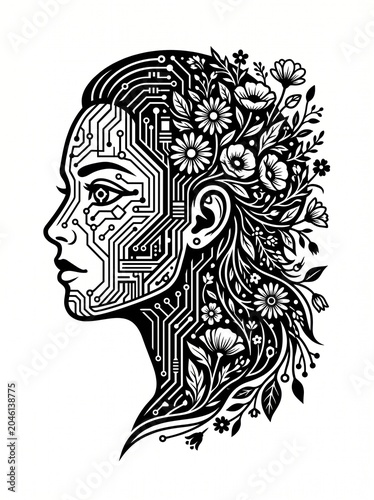 Black and white illustration of a woman's face with circuit board patterns