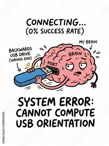 Cartoon brain with usb stick inserted backwards, labeled system error cannot