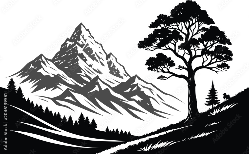Fototapeta premium Monochrome mountain landscape, snowy peaks, tree silhouette, black and white vector, scenic view, nature background