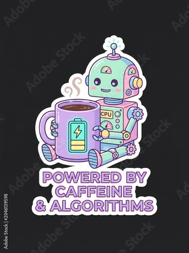 Cute robot character drinking coffee with steam and binary code elements, sci