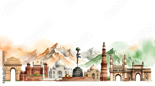 Kargil vijay diwas concept and indian monuments in water color in illustration.