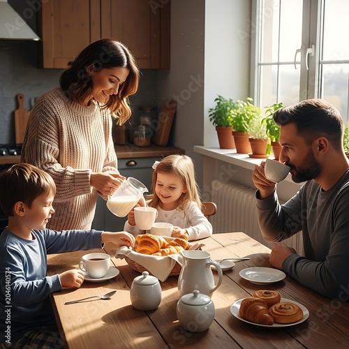 Family enjoying pizza dinner at home together.