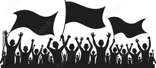 Картината върху платно Protest crowd, people waving flags, black silhouettes, demonstration icons, acti