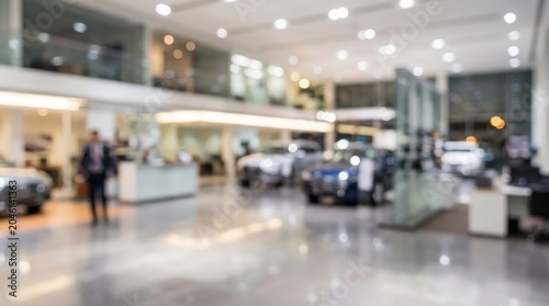 Blurred car showroom interior luxury vehicle dealership bokeh background modern automotive retail store display bright lights showroom floor