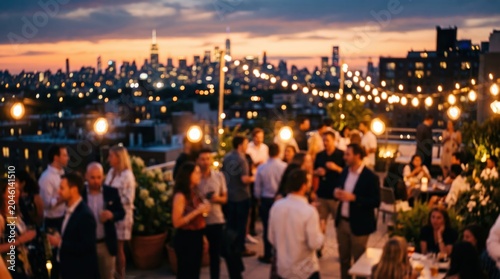 Rooftop party social gathering sunset city skyline blur bokeh people networking event celebration nightlife urban background luxury lifestyle string lights