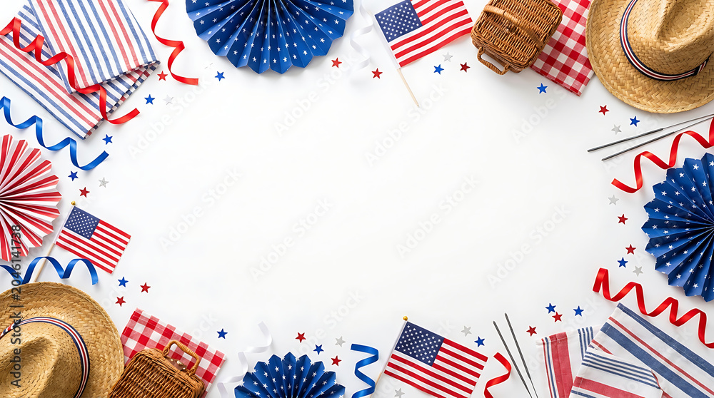 Obraz premium American Celebration with Patriotic Decorations and Picnic Items on a White Background