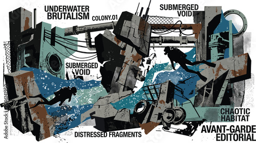 Принти на полотні Underwater brutalist colony vector illustration with submerged dystopian ruins f