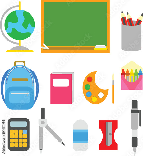 Photos School Supplies and Classroom Equipment Vector Icon Set