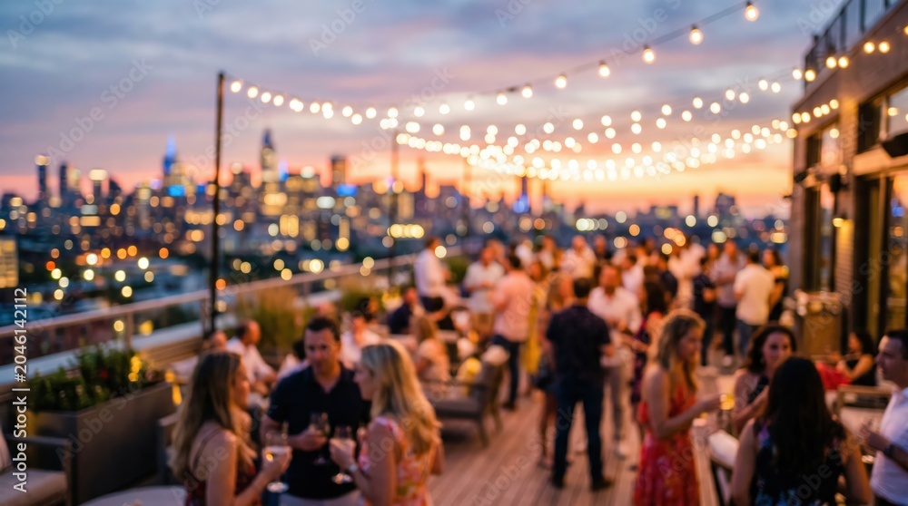 Obraz premium Rooftop party sunset city skyline bokeh social gathering lifestyle celebration urban evening terrace event nightlife luxury background