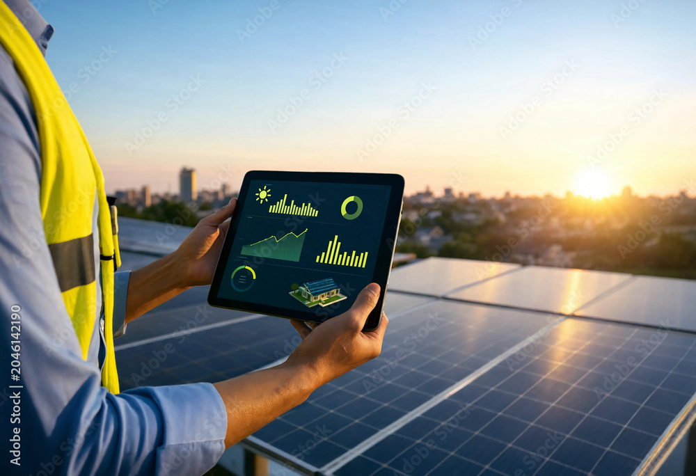Engineer monitoring solar panel energy production using a digital tablet at sunset