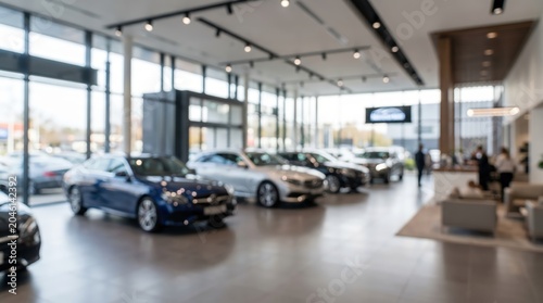Car dealership showroom interior blurred background luxury automotive display vehicle retail sales floor motor industry transport