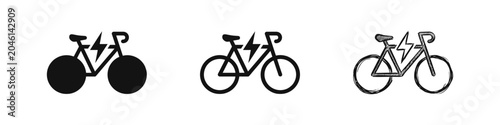 Obraz na płótnie Electric bicycle and e-bike icons in solid, outline, and hand-drawn sketch style