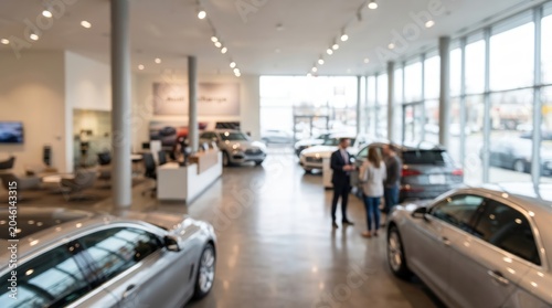 Blurred car dealership showroom interior luxury automotive sales center customer service floor auto gallery vehicle retail space professional environment