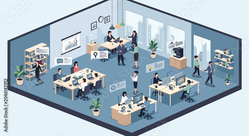 Foto Isometric illustration of a busy modern open-plan office with diverse employees working, collaborating, and interacting in a dynamic business environment