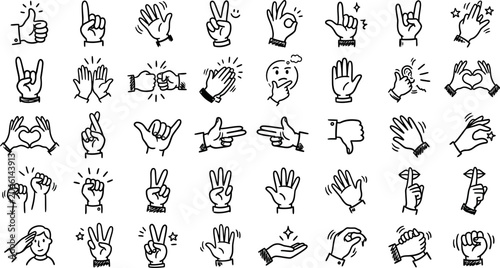 Принти на полотні Collection of various hand gestures and signs in doodle style for communication
