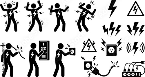Foto electric shock warning signs and people getting electrocuted by appliances and p