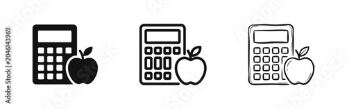 Cuadro en lienzo Calculator and apple icon set for nutrition math or education in solid line and