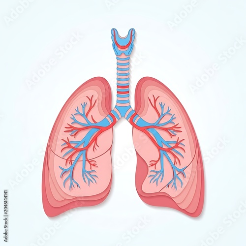 Pink lungs with blue bronchial tubes on white background.