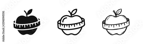 Foto Apple with Measuring Tape Diet Icon Set - Flat, Line, and Sketch Style