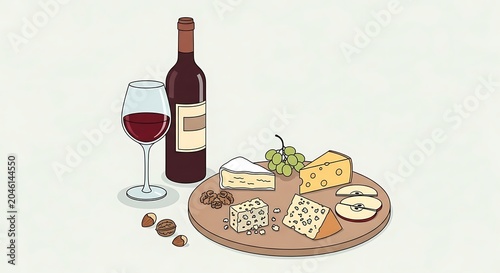 Wooden cutting board with wine bottle and cheese platter.