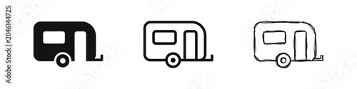 Foto Caravan or camping trailer icons set in solid, outline, and hand-drawn styles